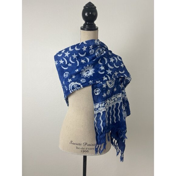 Vintage 90s Celestial Sun & Moon Blue Swim Cover Up Sarong 19”x 62”Fringe Hawaii - Picture 9 of 10